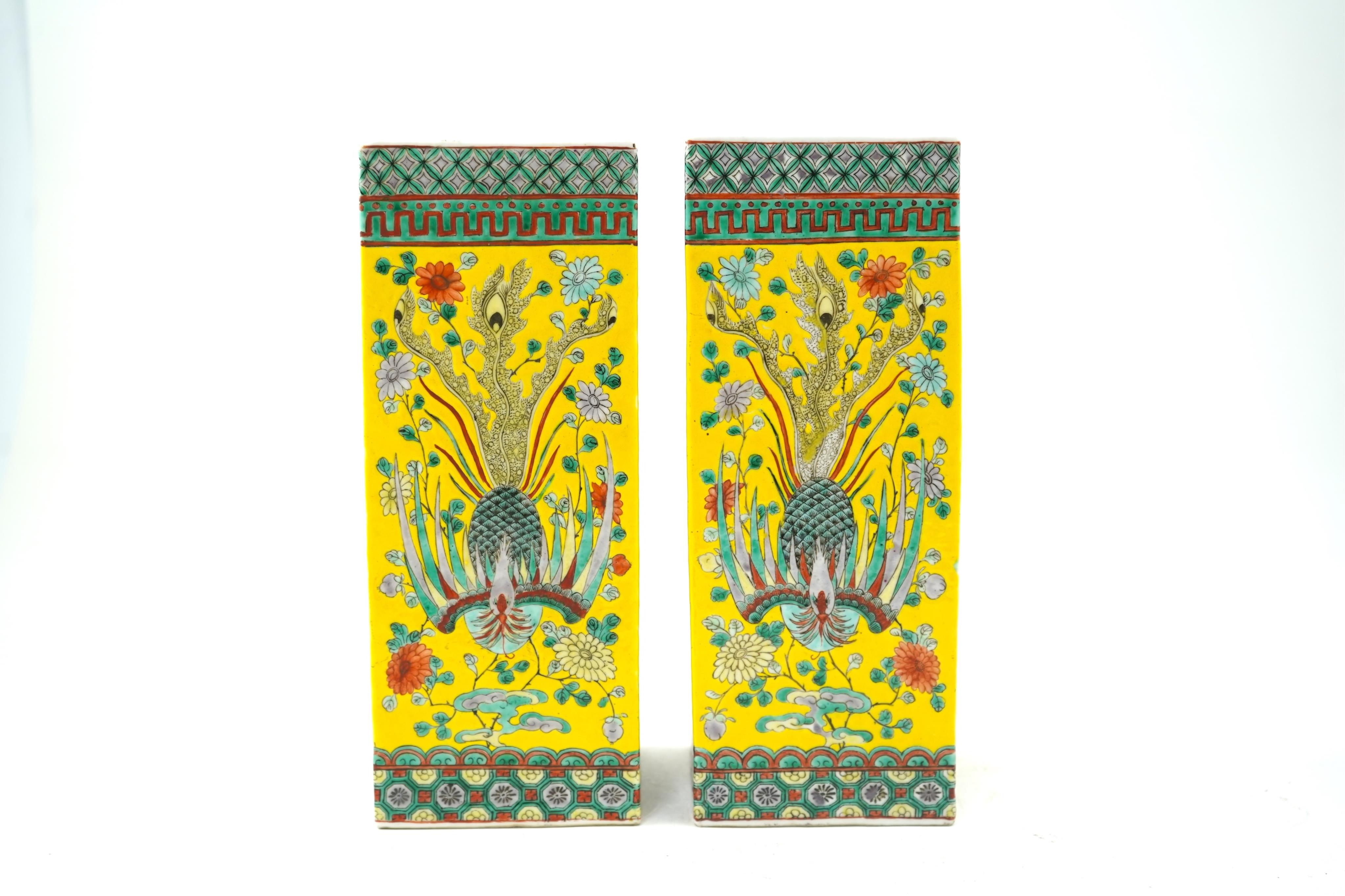A pair of Chinese yellow ground square vases, late 19th century